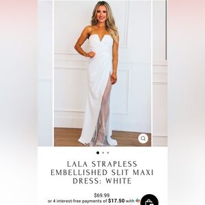 LALA STRAPLESS EMBELLISHED SLIT MAXI DRESS: WHITE SIZE SMALL - Bella and Bloom